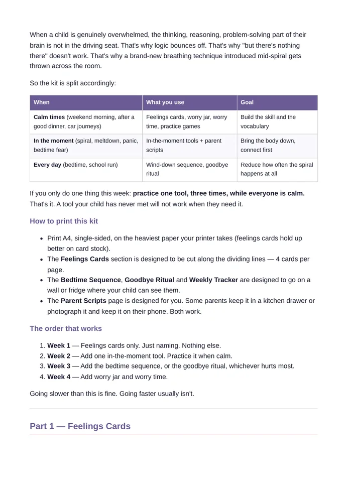 Sample Kids’ Calm Kit page showing feelings-card guidance in purple sections