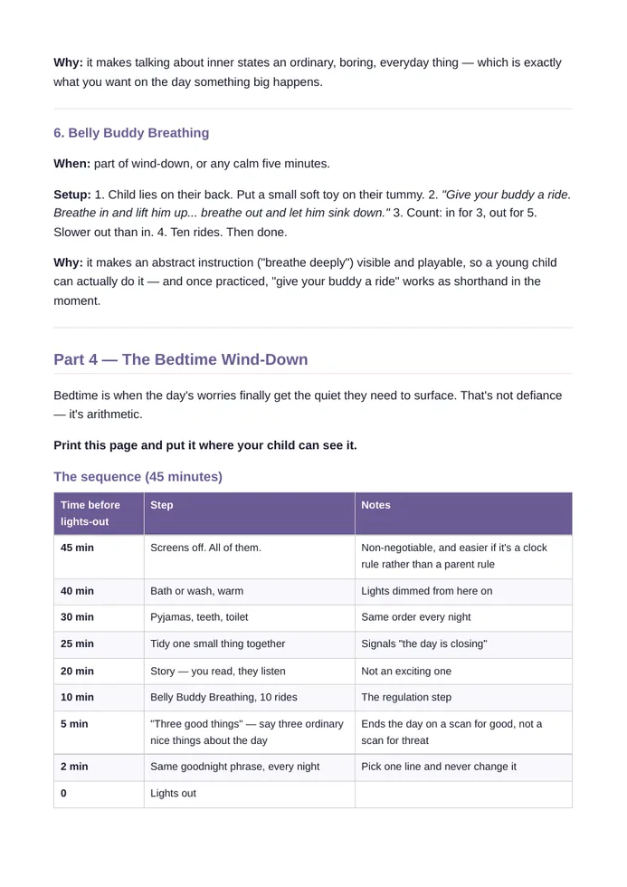 Sample Kids’ Calm Kit page with a purple weekly practice tracker