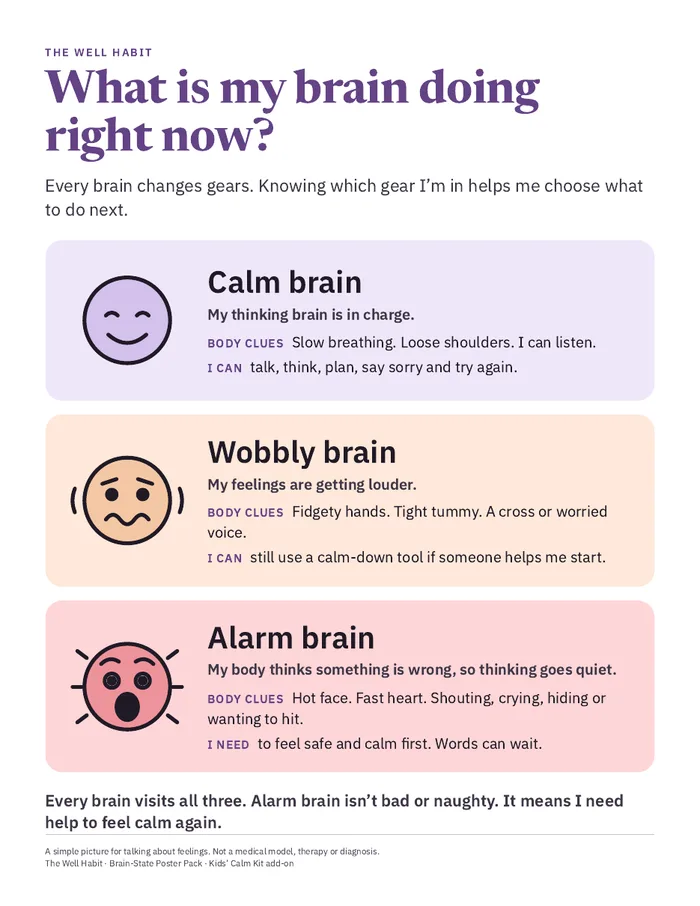 Poster titled What is my brain doing right now, with calm, wobbly and alarm brain faces, body clues and what each one can do