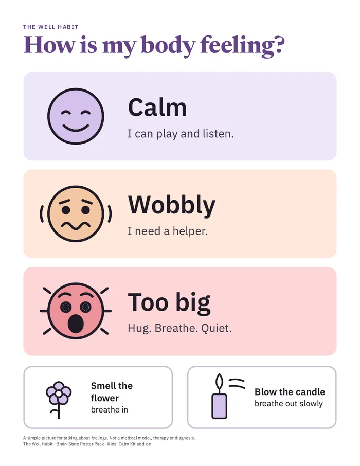 Picture poster for ages 2 to 5 showing calm, wobbly and too-big feelings with flower and candle breathing