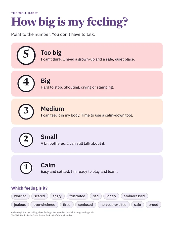 Poster with a 1 to 5 feelings meter and feeling words
