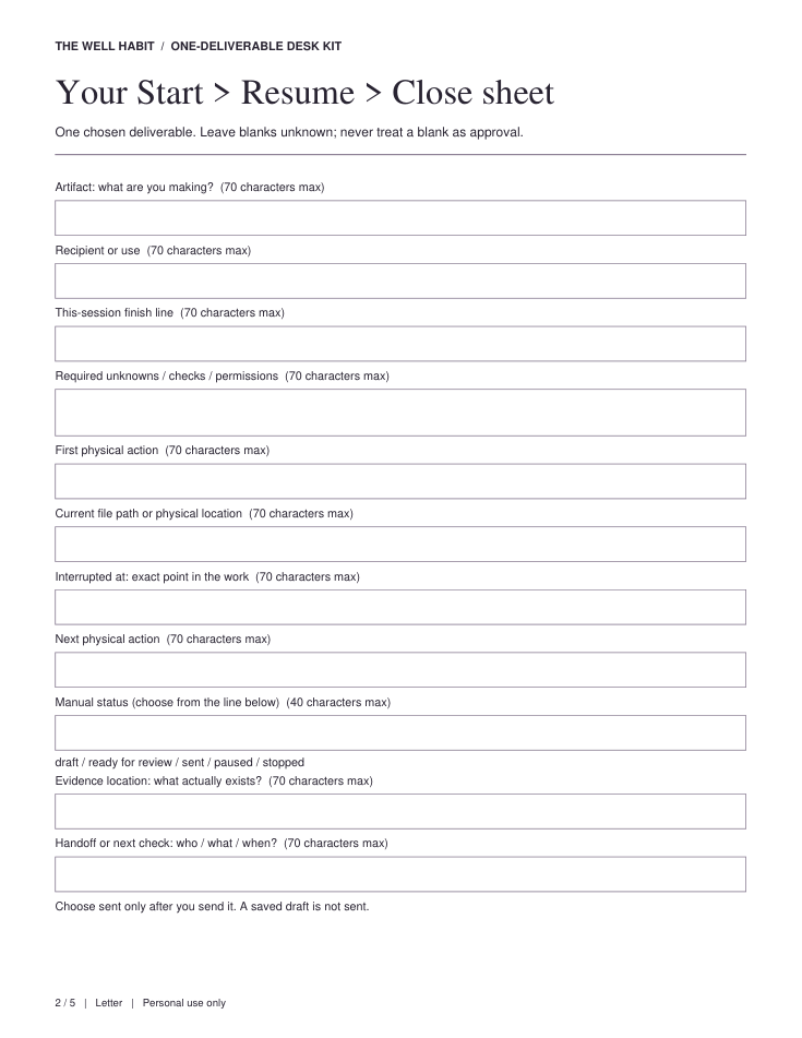 Actual blank Start, Resume, Close worksheet with required unknowns, restart and evidence fields